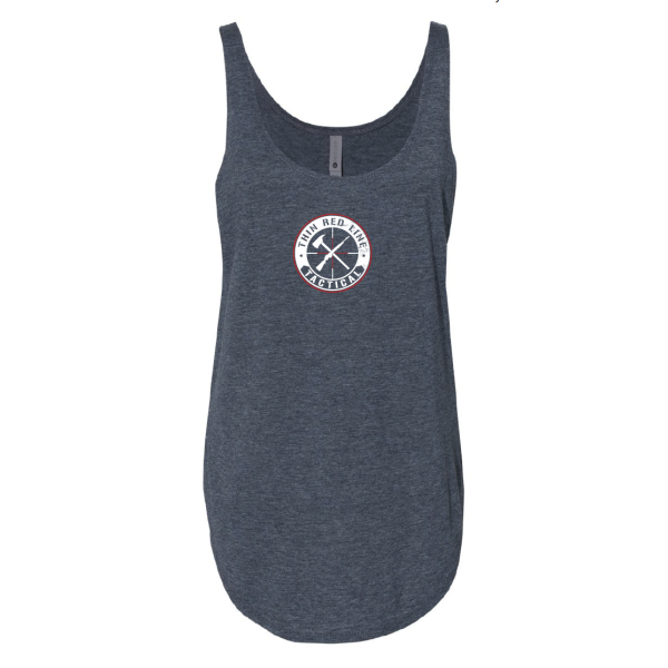 Front view of a heather blue TRLT festival tank top with circular chest logo